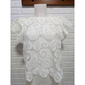 Lucy Paris Women's White Paisley Lace Short-Sleeve Top Size M